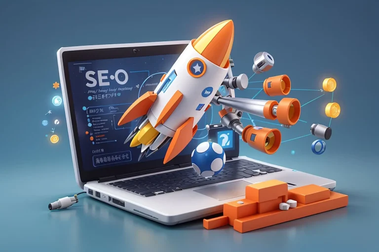 3d seo optimization with rocket marketing social media concept interface web analytics strategy research planing laptop 3d seo strategy vector icon render illustration (Website)