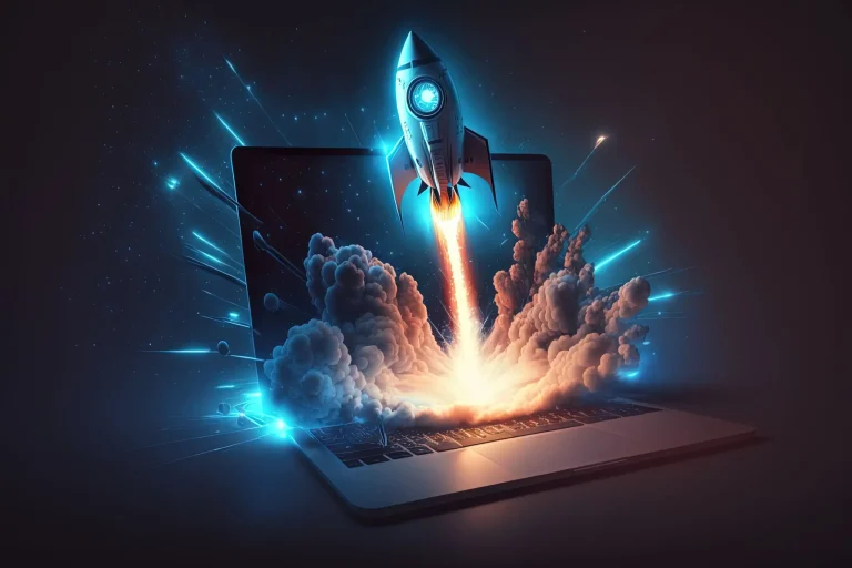 digital illustration rocket laptop background with blue neon light generative ai (Website)